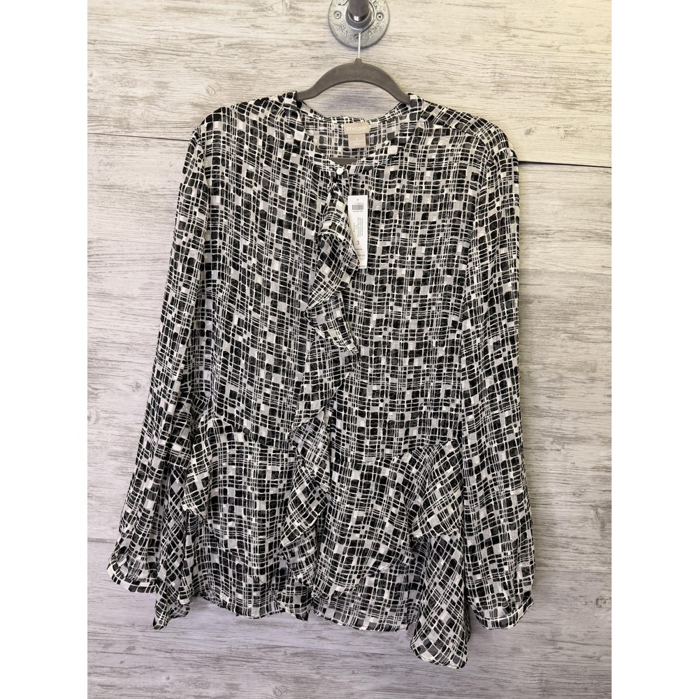 Chico's Tunic Womens 3 Black Geometric Ruffle Long Sleeve Lightweight Pullover